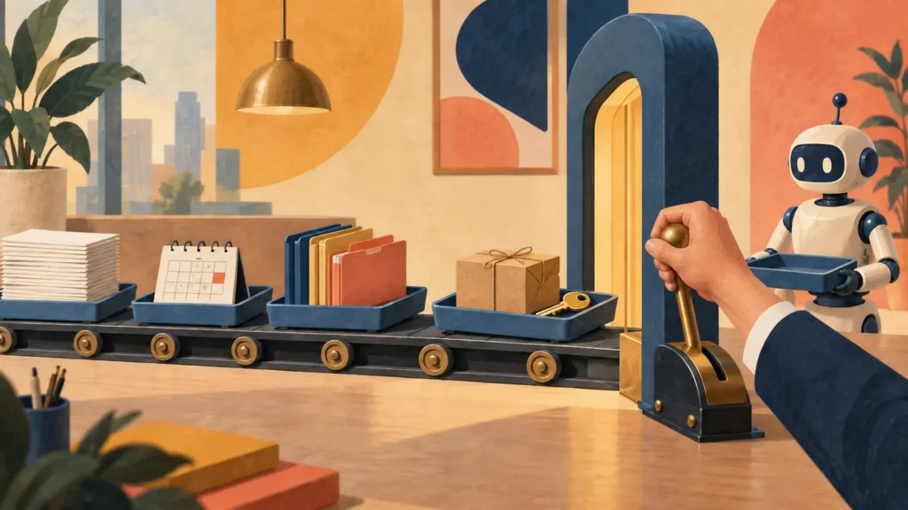 Papers, a calendar, folders, and a parcel move along a conveyor toward a checkpoint controlled by a human hand.