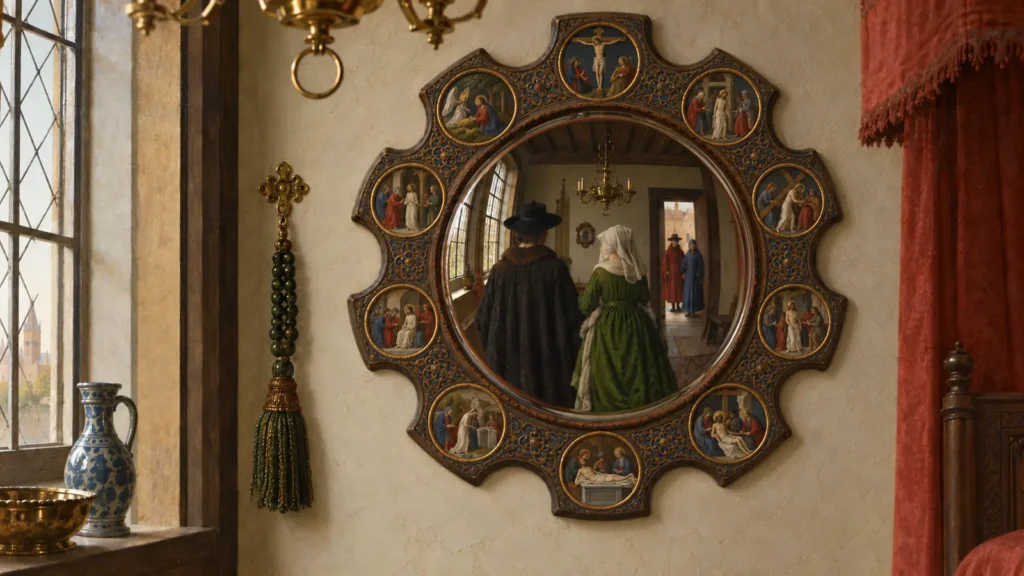 Painterly convex mirror reflecting a couple from behind and two visitors entering a fifteenth-century room.