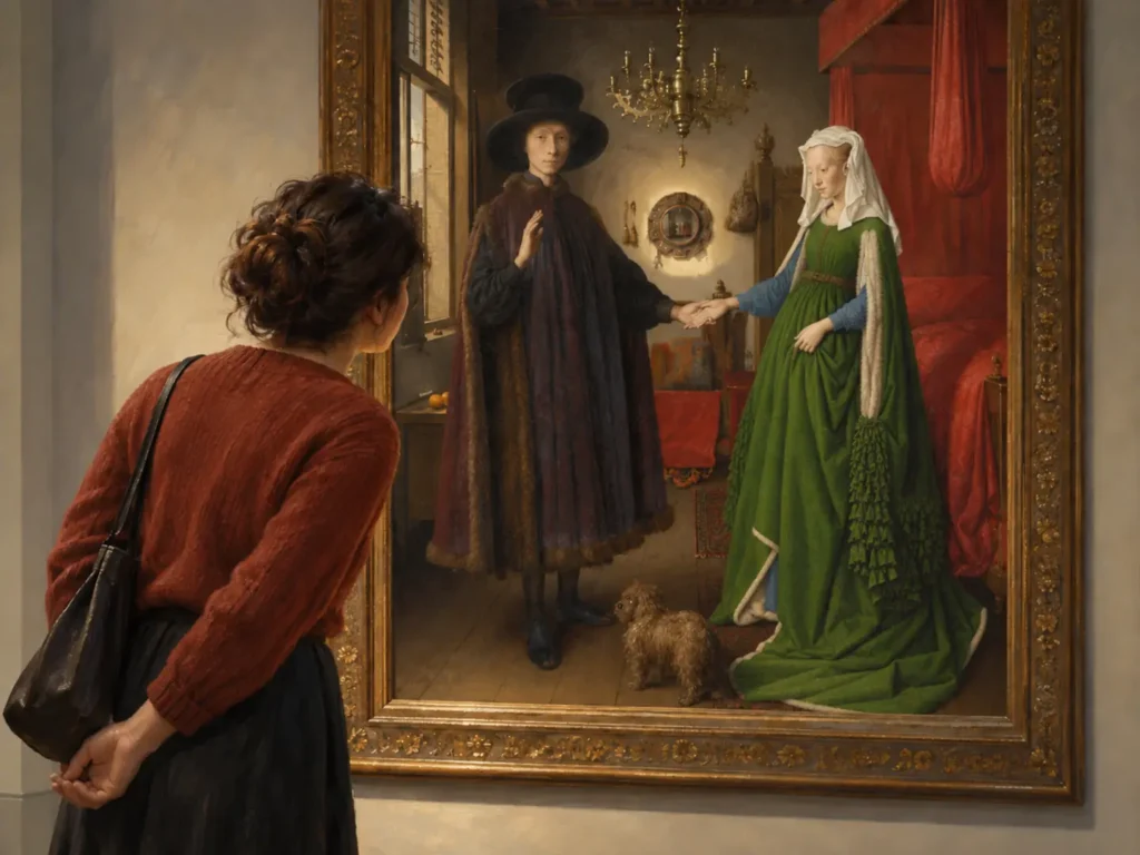 Museum visitor leaning toward a framed Arnolfini-inspired portrait to examine the tiny mirror at its center.
