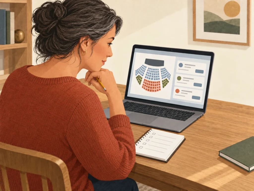 Woman comparing the same concert-seat offer on a laptop and phone while checking a list.