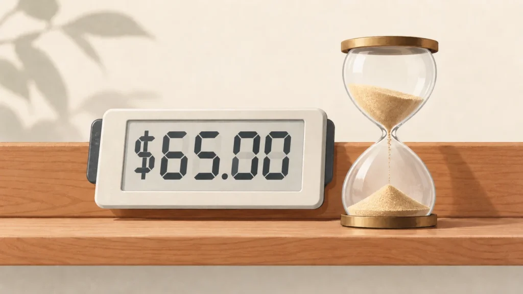 Electronic price label with changing segmented numbers beside a glass hourglass.