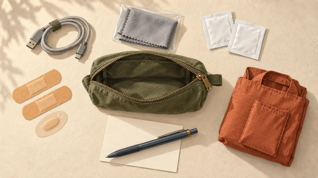 An open olive canvas pouch surrounded by a charging cable, protected lens cloth, stain wipes, bandages, a pen and card, and a folded tote.