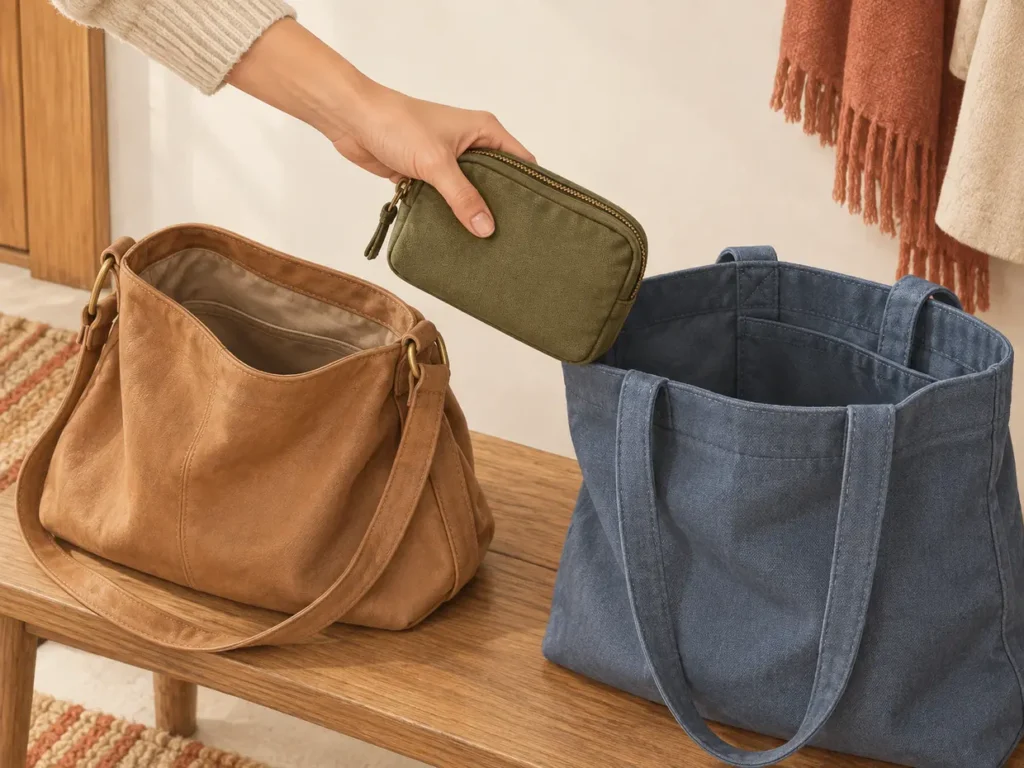 A hand moves a small olive zippered pouch from an open tan shoulder bag toward an open blue canvas tote.