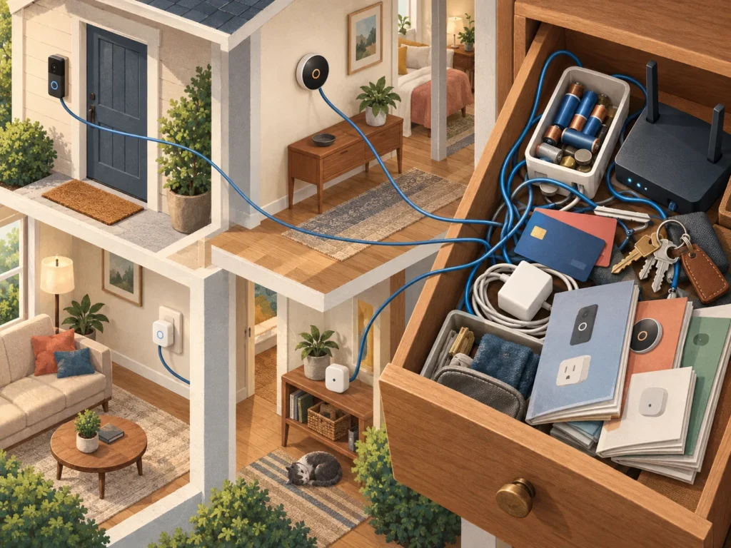 Connected doorbell, thermostat, plug, and sensor leading to a crowded drawer of batteries, router equipment, cards, keys, cables, and manuals.