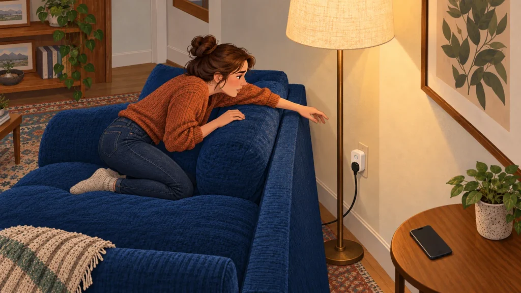 Woman reaching awkwardly behind a blue sofa toward a floor lamp connected through a smart plug.