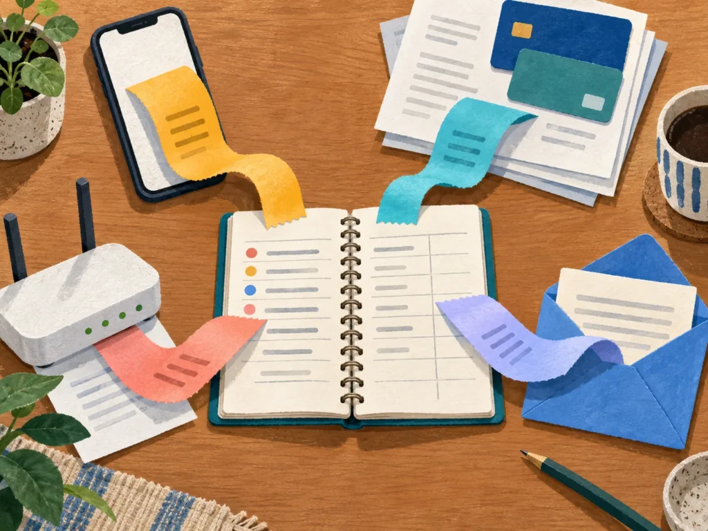 Receipts from a phone, bank statement, internet router, and email envelope converge on one household ledger.