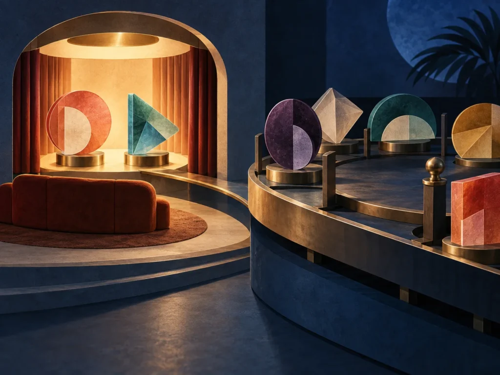 Two abstract service tokens sit in a lit home theater while other tokens wait on a circular carousel for their turn.