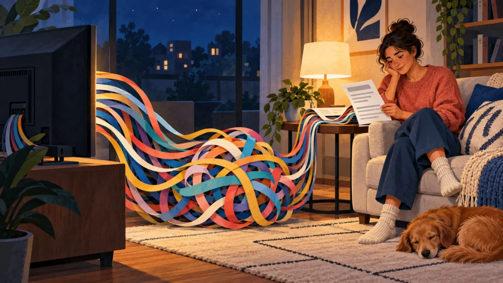 Colorful subscription ribbons spill from a television and tangle across the floor as a woman reviews a bill.