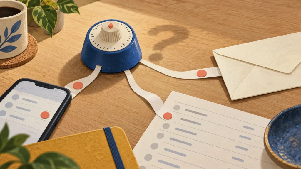 Editorial illustration of a desk timer casting a question-mark shadow, with paper trails leading to a phone, a transaction sheet, and an envelope.