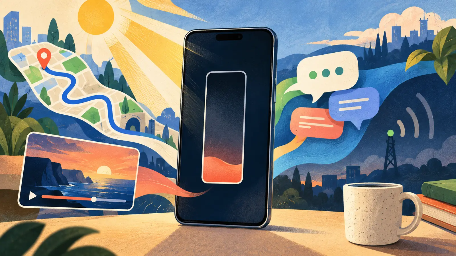 A phone’s battery level falling while navigation, video, messages, screen brightness, and a weak signal compete for power.