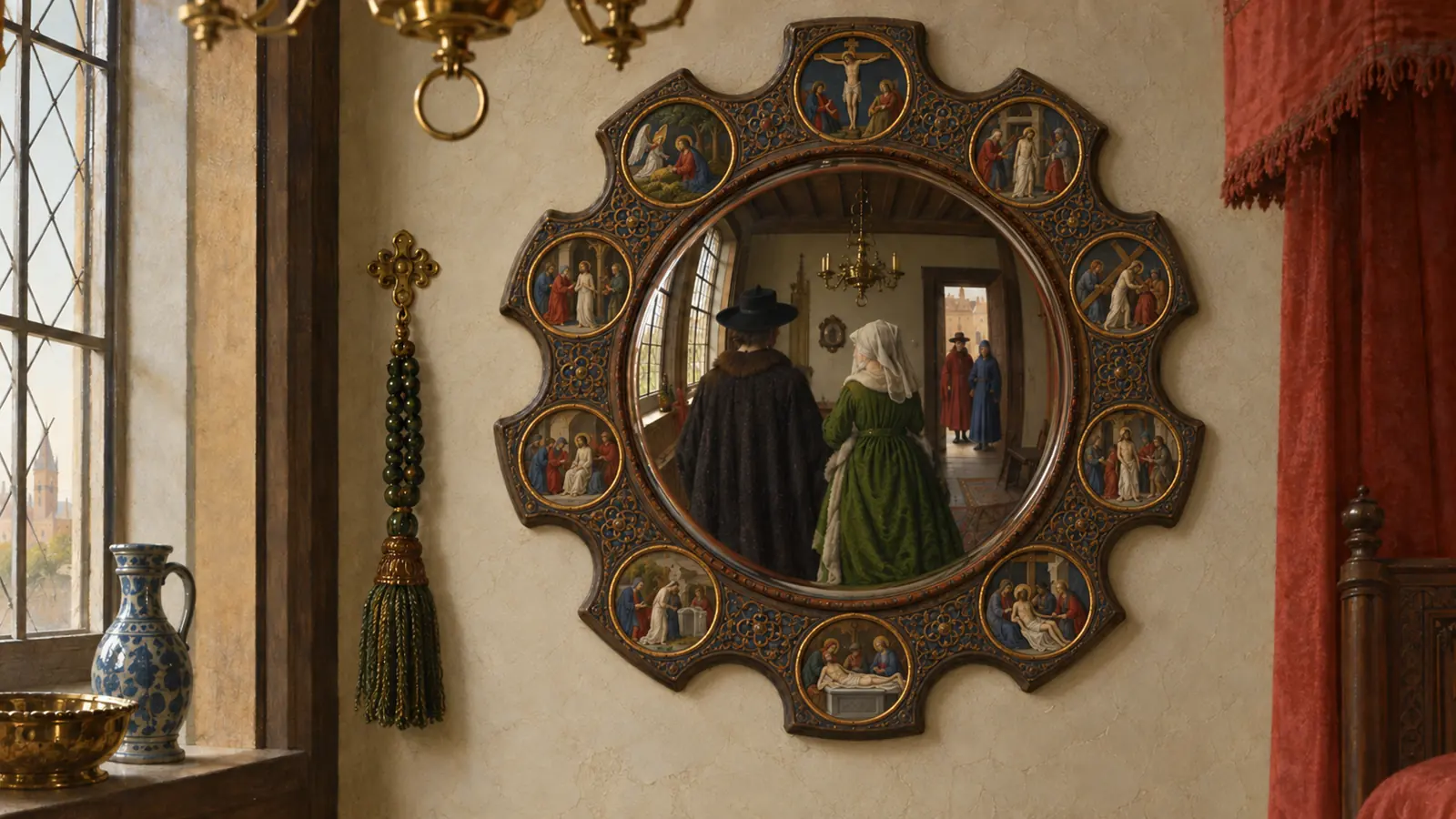 Painterly convex mirror reflecting a couple from behind and two visitors entering a fifteenth-century room.
