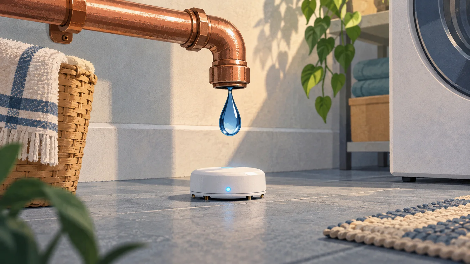 White water-leak sensor beneath a copper pipe as a large drop forms above it.