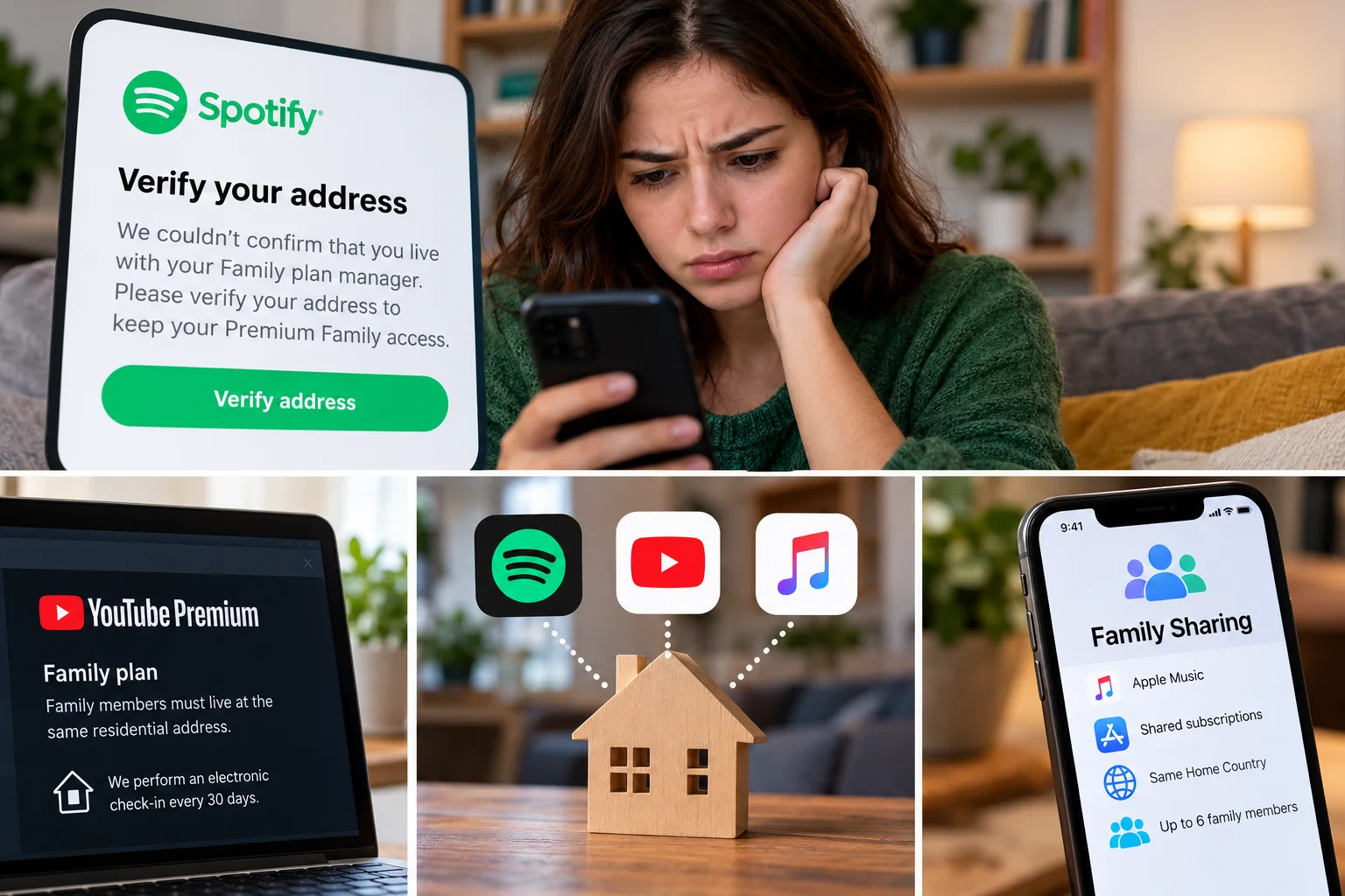 Woman checking a streaming family-plan verification message beside visual references to Spotify, YouTube Premium, Apple Music, and a shared home.