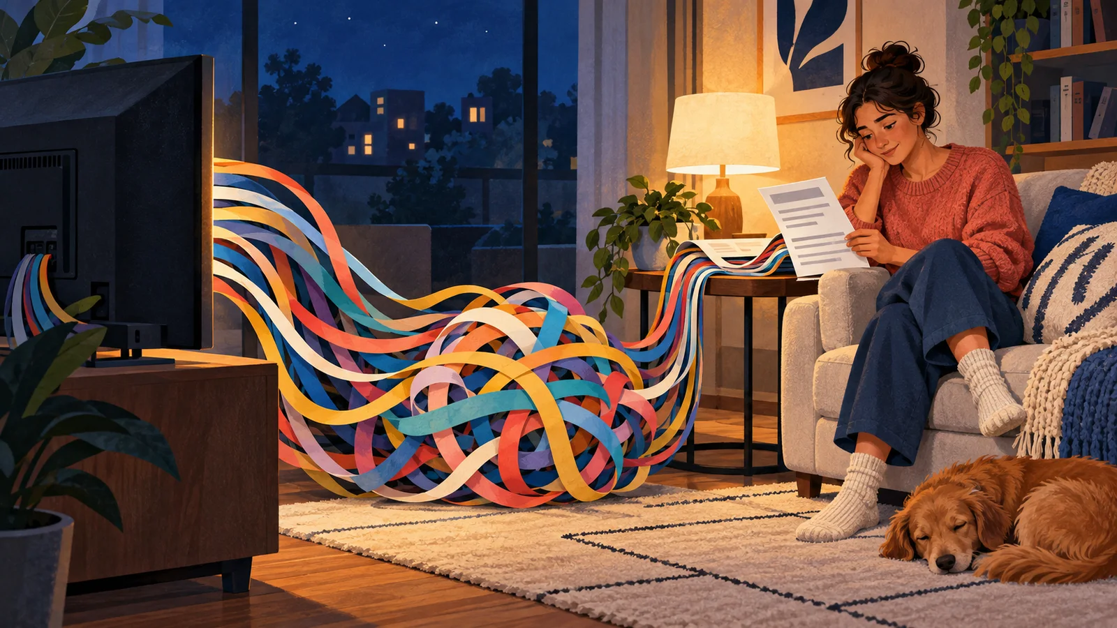 Colorful subscription ribbons spill from a television and tangle across the floor as a woman reviews a bill.