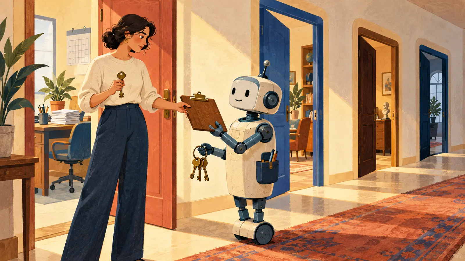 A woman gives a clipboard and several keys to a mechanical assistant while keeping one key in her hand.