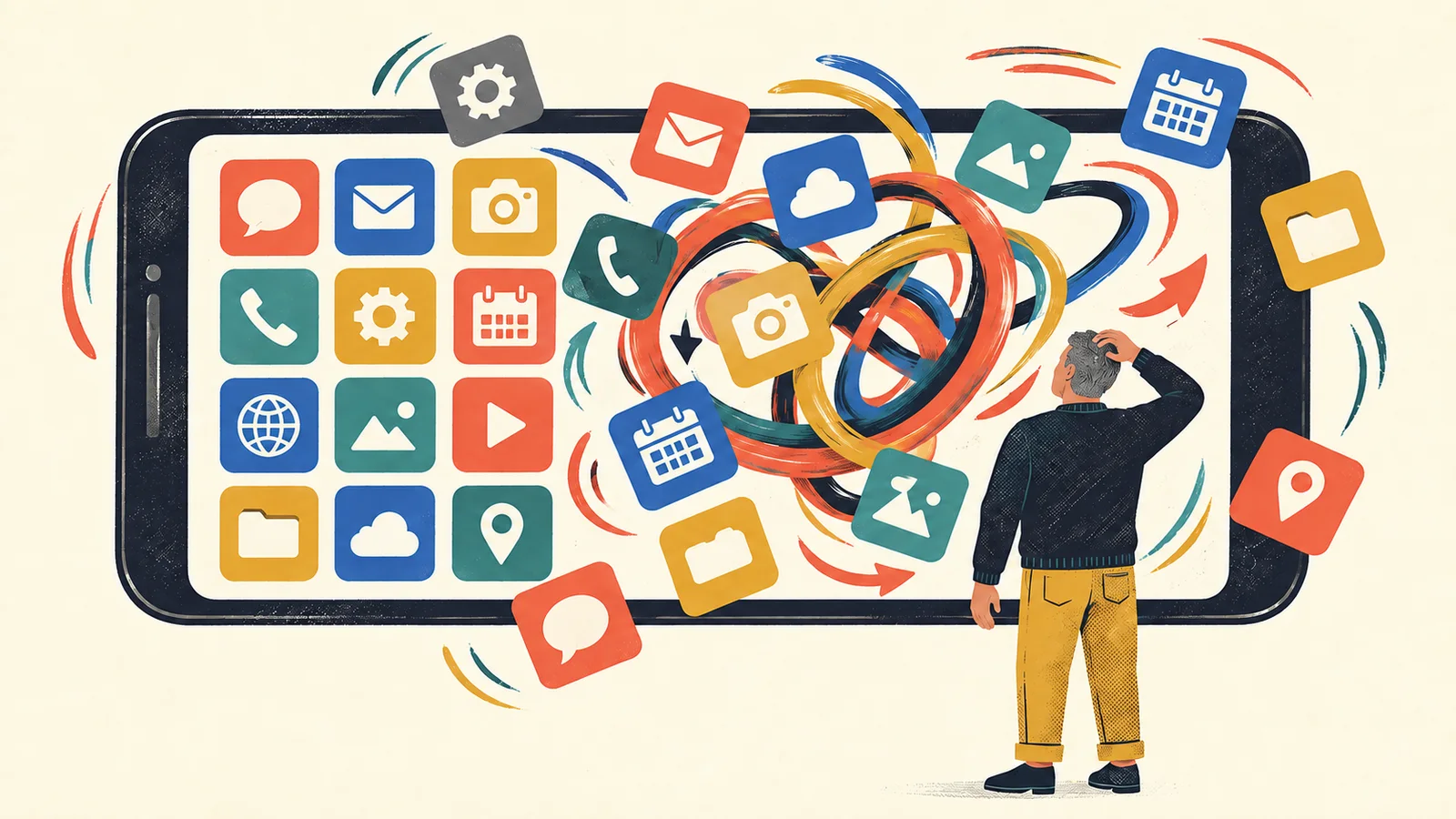 Confused man looking at smartphone app icons spinning into chaos