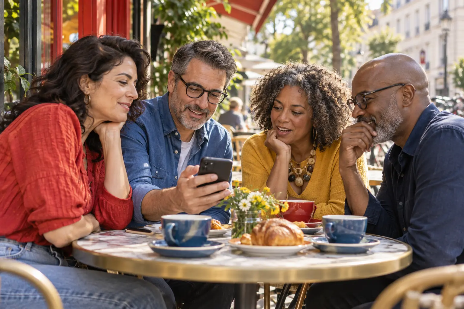 Friends comparing something on a phone over coffee at a sunny café
