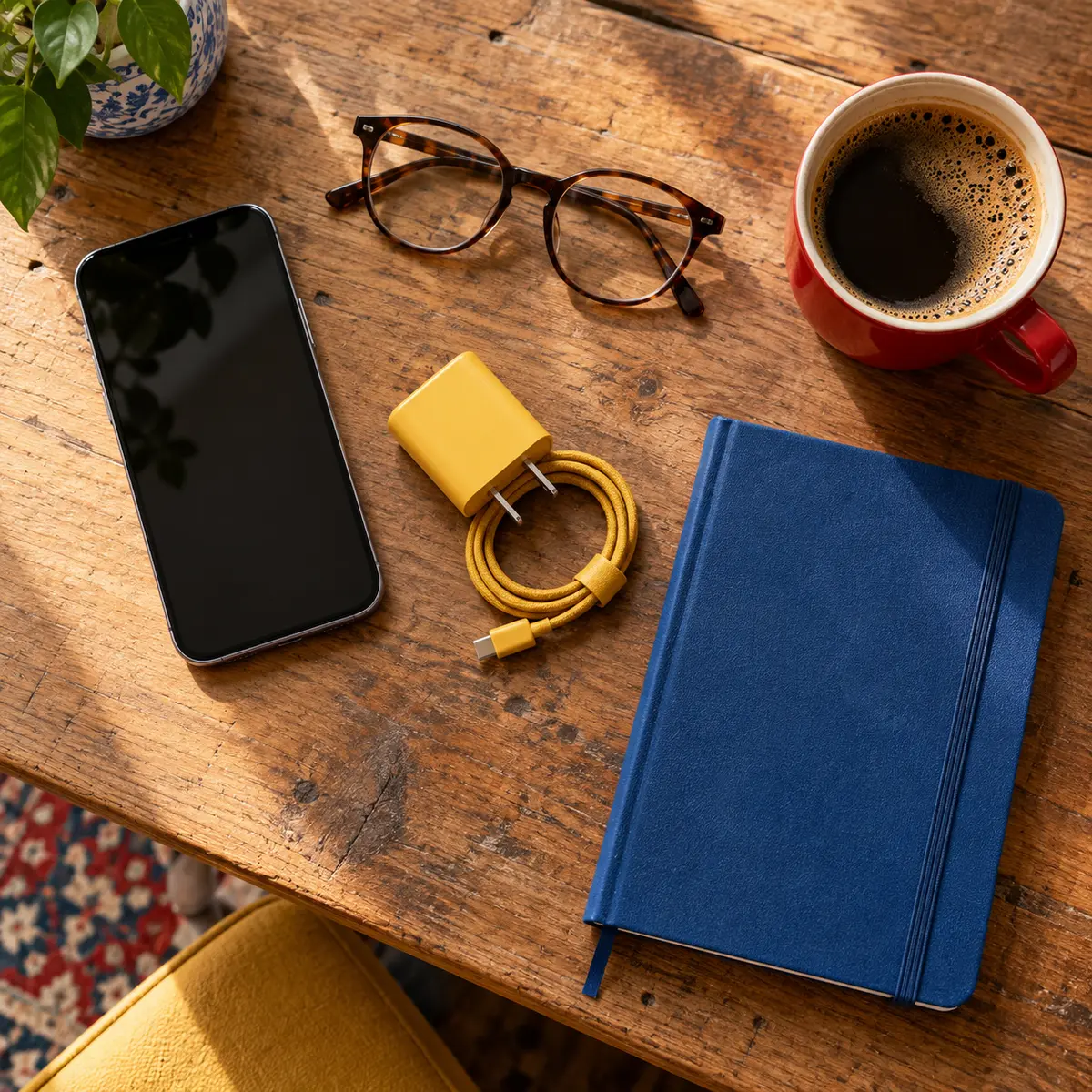 Phone, reading glasses, compact charger, notebook and coffee arranged on a bright desk