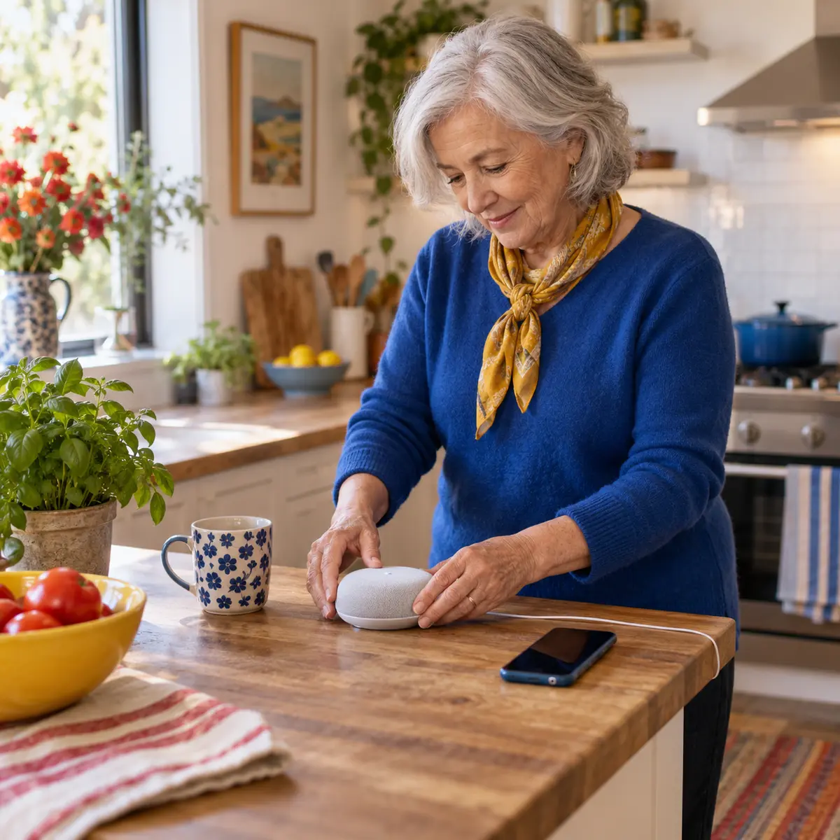 An older adult comfortably setting up a small smart-home device in a bright kitchen